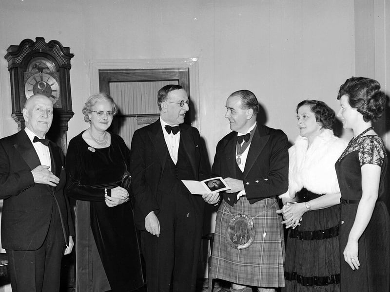 Mr and Mrs C Consland, Lord Milligan, Mr and Mrs H Hayhoe, and Mrs Irene Eivan at the Edinburgh Burns Club Burns Supper in the Carlton Hotel in 1963.