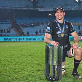 Glasgow Warriors' Henco Venter poses with the URC trophy after the victory over the Vodacom Bulls in the final at Loftus Versfeld on June 22. (Photo by Anton Geyser/SNS Group)