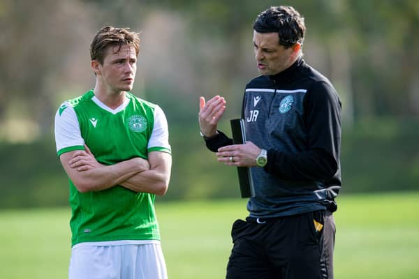 Jack Ross explains to Scott Allan that if he wants to be leading man in the Hibs blockbuster then he's going to have to tackle back