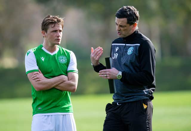 Jack Ross explains to Scott Allan that if he wants to be leading man in the Hibs blockbuster then he's going to have to tackle back