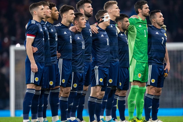 Scotland line up for the national anthems prior to the match against Poland at Hampden. (Photo by Ross MacDonald / SNS Group)