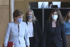 First Minister Nicola Sturgeon (left), Dorothy Bain QC lord advocate (right) and Ruth Charteris QC Solicitor General for Scotland, at appointment of law officers at the Scottish Parliament in Holyrood, Edinburgh.