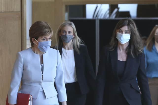 First Minister Nicola Sturgeon (left), Dorothy Bain QC lord advocate (right) and Ruth Charteris QC Solicitor General for Scotland, at appointment of law officers at the Scottish Parliament in Holyrood, Edinburgh.