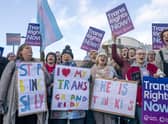 Supporters of the Gender Recognition Reform Bill (Scotland) take part in a protest outside the Scottish Parliament, Edinburgh, ahead of a debate on the bill
