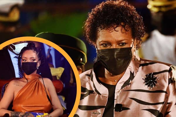 President of Barbados, Dame Sandra Mason and Rihanna, honored as a National Hero, attend the Presidential Inauguration Ceremony at Heroes Square on November 30, 2021 in Bridgetown, Barbados.(Photo: Toby Melville - Pool/Getty Images)