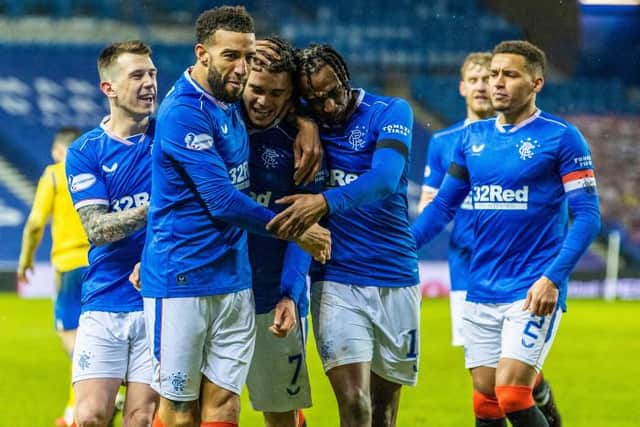 Ianis Hagi celebrates his goal with teammates during the Scottish Premiership match between Rangers and St Johnstone at Ibrox Stadium, on February 03, 2021, in Glasgow, Scotland. (Photo by Alan Harvey / SNS Group)