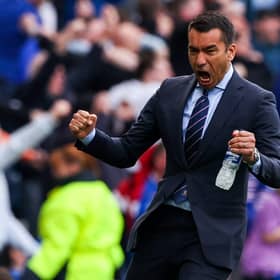 Rangers manager Giovanni van Bronckhorst celebrates his side taking the lead in extra time against Celtic.
