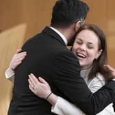 Humza Yousaf hugs Kate Forbes in the main chamber during the vote for the new First Minister at the Scottish Parliament in Edinburgh earlier this year.