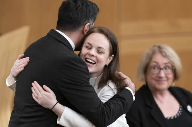 Humza Yousaf hugs Kate Forbes in the main chamber during the vote for the new First Minister at the Scottish Parliament in Edinburgh earlier this year.