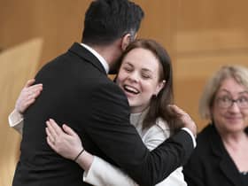Humza Yousaf hugs Kate Forbes in the main chamber during the vote for the new First Minister at the Scottish Parliament in Edinburgh earlier this year.