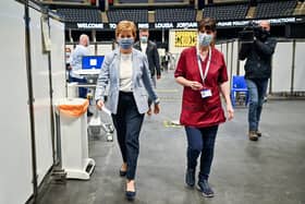 First Minister of Scotland Nicola Sturgeon arrives to receive her second dose of the Oxford/AstraZeneca Covid-19 vaccine at the NHS Louisa Jordan vaccine centre in Glasgow, Scotland. Picture date: Monday June 21, 2021.