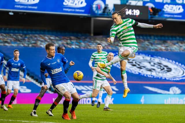 Rangers' Bongani Zungu, Cedric Itten, Glen Kamara, Steven Davis and Celtic's Tom Rogic and Scott Brown look on as Diego Laxalt misses a chance in the last derby, which was the third in succession lost by the Parkhead men. Now John Kennedy, as he helms Celtic in the fixture of the first time, wants his team to show they are better than their results have indicated in a dismal campaign. (Photo by Craig Williamson / SNS Group)