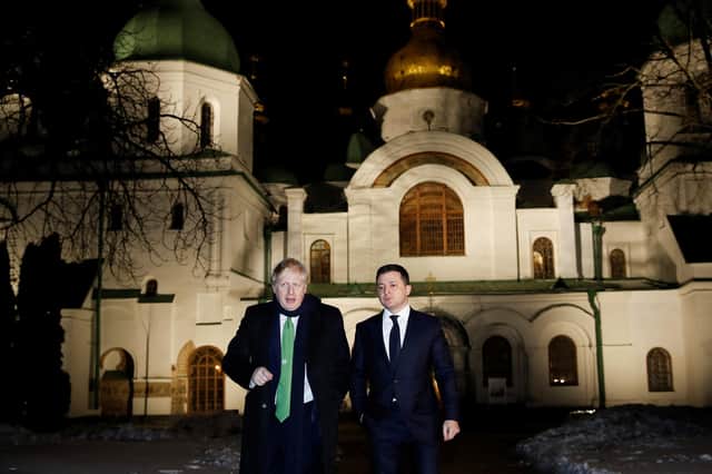 Boris Johnson meets Ukrainian President Volodymyr Zelenskiy in Kyiv in February before the Russian invasion later that month (Picture: Peter Nicholls/pool/Getty Images)