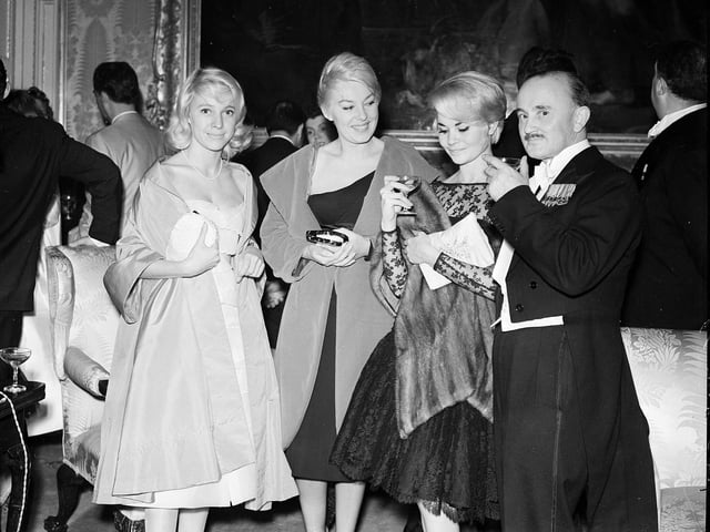Attendees at the 1958 Edinburgh Film Festival Ball in Hopetoun House - Neville Adams with French actresses Nicole Berger, Dominique Wilms and Noelle Adam.