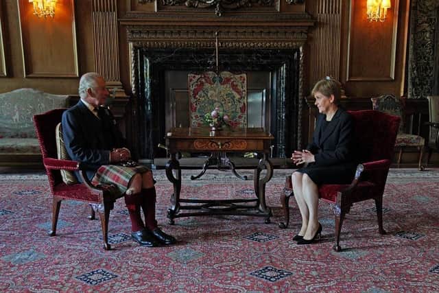 King Charles III during an audience with the First Minister of Scotland Nicola Sturgeon at the Palace of Holyroodhouse, Edinburgh. Picture date: Monday September 12, 2022.