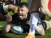Glasgow Warriors' Jack Dempsey celebrates after scoring a second half try during the URC win over Ulster at Scotstoun. (Photo by Craig Williamson / SNS Group)