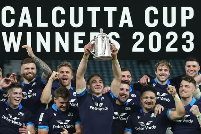 Scotland captain Jamie Ritchie lifts the Calcutta Cup after the victory over England in the Six Nations opener at Twickenham. (Photo by David Rogers/Getty Images)