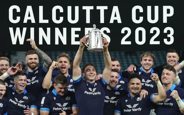 Scotland captain Jamie Ritchie lifts the Calcutta Cup after the victory over England in the Six Nations opener at Twickenham. (Photo by David Rogers/Getty Images)