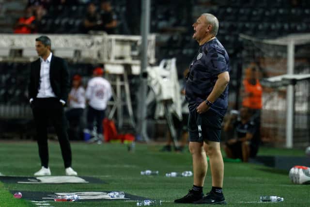 Frankie McAvoy gives instructions during Hearts' 4-0 defeat by PAOK in Thessaloniki.