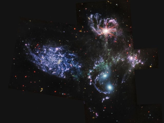 This image reveals never-before-seen details of Stephans Quintet, a visual grouping of five galaxies which form the most compact group ever discovered. It was first spotted by Edouard M. Stephan in 1877, who it is named after.