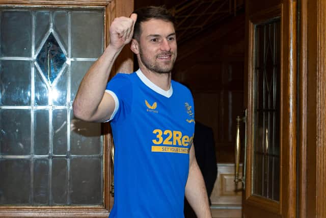 Aaron Ramsey is pictured at Ibrox Stadium after sealing a loan move to Rangers from Juventus
