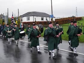 Colinton and Currie Pipe Band leading the Armistice Day parade in Kirknewton in 2010 (Picture courtesy of Piping Press and Alistair Aitken)