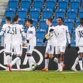 The Rangers players celebrate Ianis Hagi's goal against Lech Poznan