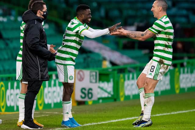 John Kennedy says he won't simply "dismiss" Scott Brown and seek to get Ismaila Soro "up to speed" despite the fact that the 35-year-old is in the last weeks of his Celtic career and the Ivorian is considered an important player going forward. (Photo by Ross MacDonald / SNS Group)