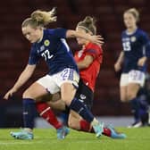 Erin Cuthbert in action for Scotland during a FIFA Women's World Cup playoff match between Scotland and Austria at Hampden Park, on October 06, 2022, in Glasgow, Scotland. (Photo by Alan Harvey / SNS Group)