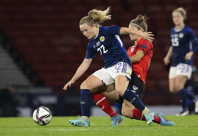 Erin Cuthbert in action for Scotland during a FIFA Women's World Cup playoff match between Scotland and Austria at Hampden Park, on October 06, 2022, in Glasgow, Scotland. (Photo by Alan Harvey / SNS Group)