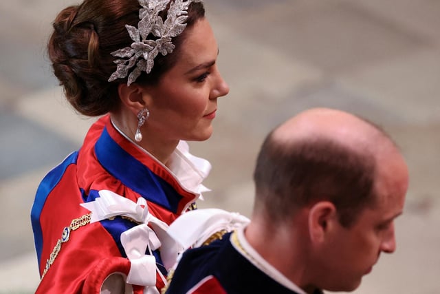 The Prince and Princess of Wales arriving at the coronation of King Charles III and Queen Camilla at Westminster Abbey, London.