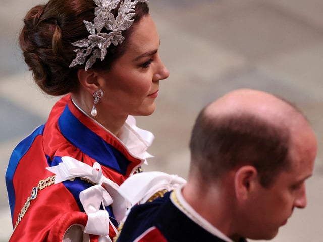 The Prince and Princess of Wales arriving at the coronation of King Charles III and Queen Camilla at Westminster Abbey, London.