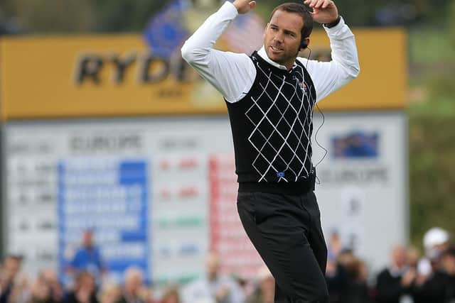 Sergio Garcia encourages the crowd during the 2010 Ryder Cup at Celtic Manor. Picture: Jamie Squire/Getty Images.