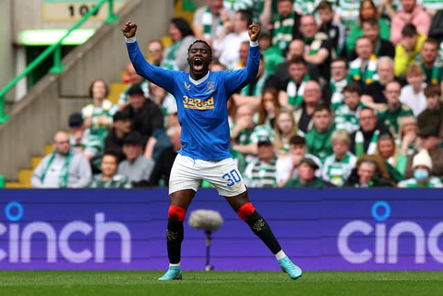 GLASGOW, SCOTLAND - MAY 01: Fashion Sakala of Rangers celebrates scoring their side's first goal during the Cinch Scottish Premiership match between Celtic and Rangers at Celtic Park on May 01, 2022 in Glasgow, Scotland. (Photo by Ian MacNicol/Getty Images)