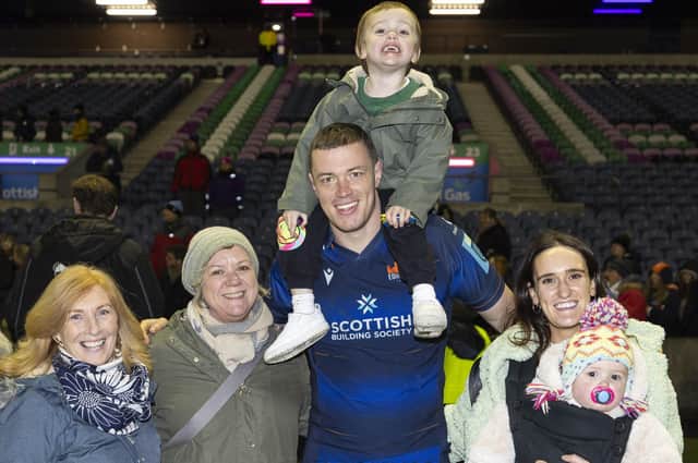 Glen Young and family after Edinburgh's win over Glasgow Warriors at Murrayfield on December 30. Young's form with Edinburgh has won him a Scotland recall. (Photo by Ross MacDonald / SNS Group)