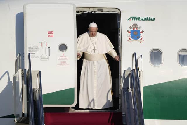 Pope Francis arrives at Budapest international airport on his first foreign trip since undergoing major intestinal surgery in July (Pic: AP Photo/Gregorio Borgia)