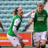 Hibs' Josh Doig shows his delight as he celebrates with team-mate Jackson Irvine after heading home his first senior goal for the club. Photo by Craig Williamson / SNS Group