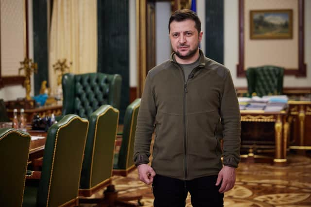 Ukrainian President Volodymyr Zelensky during a video address on March 12, 2022. AFP via Getty Images