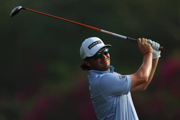 Ewen Ferguson tees off on the 14th hole during day one of the Hero Indian Open at DLF Golf and County Club in New Delhi. Picture: Luke Walker/Getty Images.