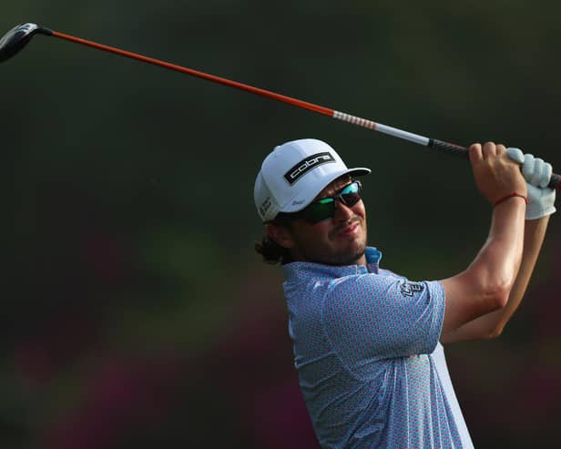 Ewen Ferguson tees off on the 14th hole during day one of the Hero Indian Open at DLF Golf and County Club in New Delhi. Picture: Luke Walker/Getty Images.