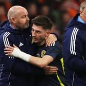 Scotland manager Steve Clarke embraces Billy Gilmour after the midfielder's own fine performance in the 4-0 friendly defeat against the Nertherlands in Amsterdam on Friday night  (Photo by Craig Williamson / SNS Group).