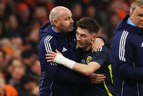 Scotland manager Steve Clarke embraces Billy Gilmour after the midfielder's own fine performance in the 4-0 friendly defeat against the Nertherlands in Amsterdam on Friday night  (Photo by Craig Williamson / SNS Group).