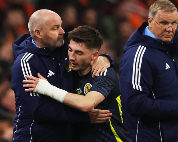 Scotland manager Steve Clarke embraces Billy Gilmour after the midfielder's own fine performance in the 4-0 friendly defeat against the Nertherlands in Amsterdam on Friday night  (Photo by Craig Williamson / SNS Group).