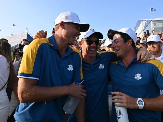 Ludvig Aberg and Viktor Hovland celebrate with Rory McIlroy celebrate after Europe's win in last year's Ryder Cup in Rome. Picture: Alberto Pizzoli/AFP via Getty Images.