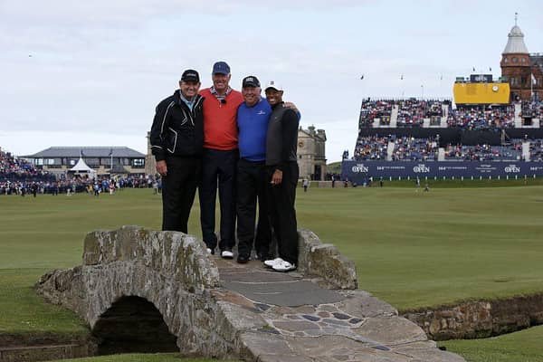 Nick Price, Tom Weiskopf, Mark O'Meara and Tiger Woods pictured during the Champion Golfers' Challenge ahead of the Millenium Open in 2000. Picture: Adrian Dennis/AFP via Getty Images.