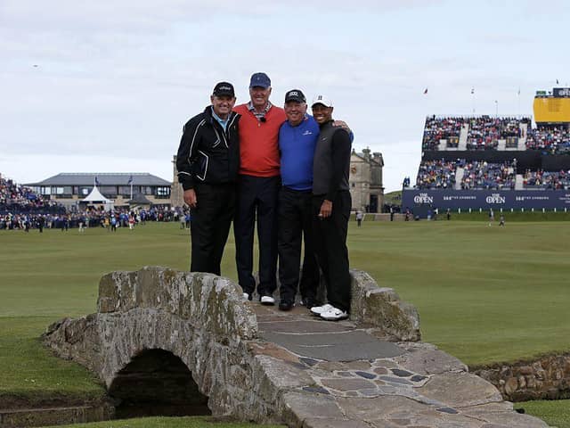 Nick Price, Tom Weiskopf, Mark O'Meara and Tiger Woods pictured during the Champion Golfers' Challenge ahead of the Millenium Open in 2000. Picture: Adrian Dennis/AFP via Getty Images.