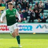 Kevin Nisbet celebrates his goal to make it 2-0 to Hibs during the Premier Sports Cup win over Kilmarnock  (Photo by Ross Parker / SNS Group)