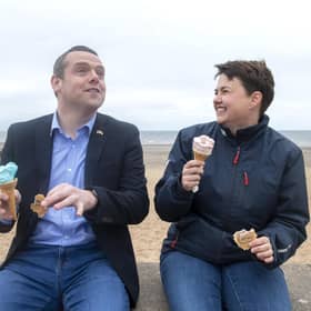 Scottish Conservative leader Douglas Ross (left) and former Scottish Conservative Leader Ruth Davidson stop to have an ice cream at Oscars during a visit to Portobello, Edinburgh