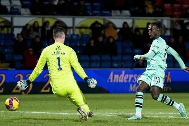 Hibs' Elie Youan scores to make it 1-0 in the first half.