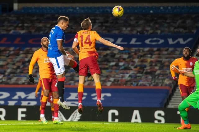 Rangers' James Tavernier makes it 2-0 with a header against Galatasaray.